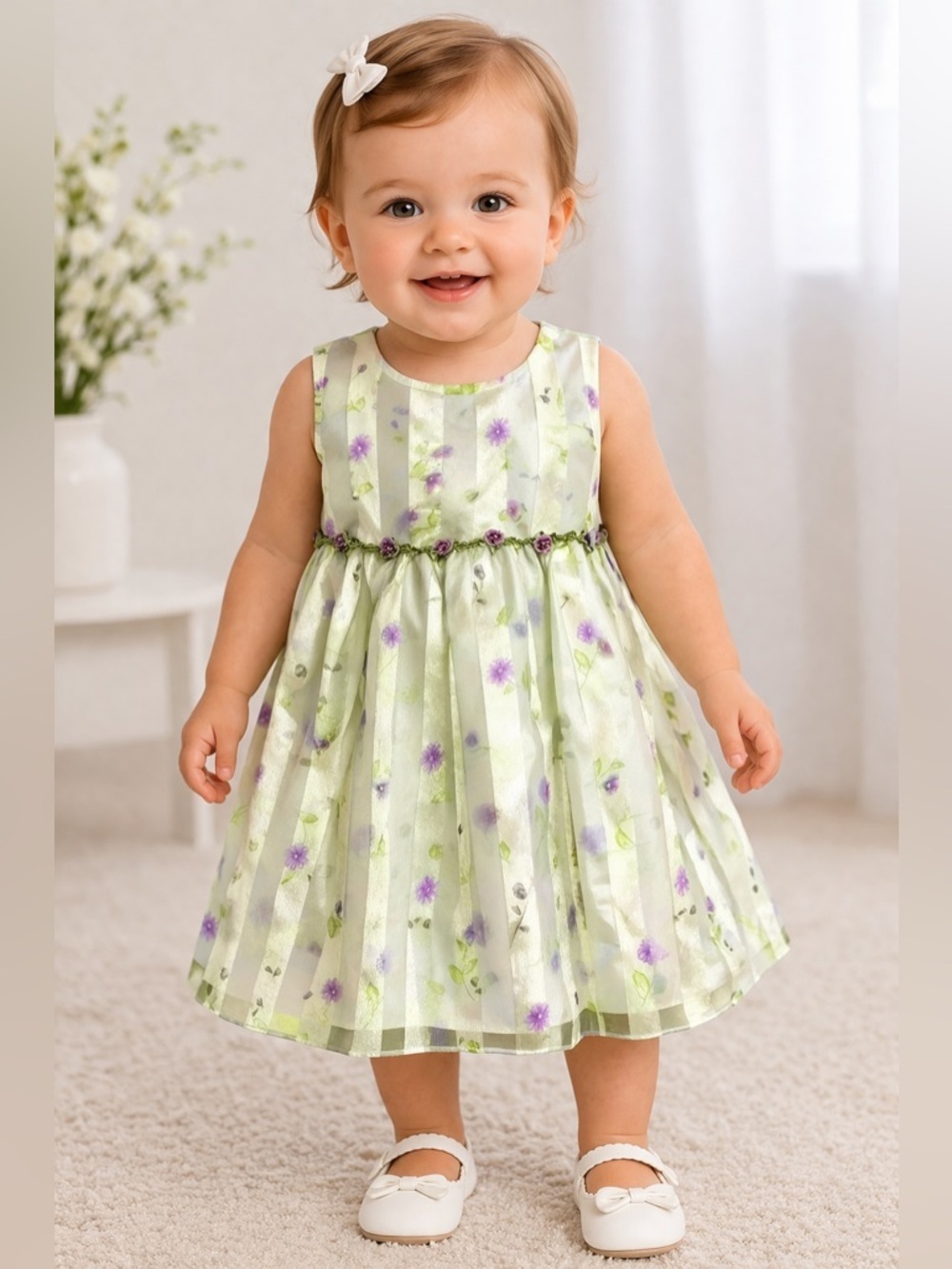 Baby Girl Organza Party Dress 12M Light Green Floral Stripe Wedding